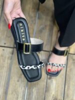 خرید صندل دو بند سگک مستطیل پلنگی تخت