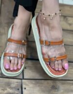 صندل دوبند طلق با سگک ساده لژدار عسلی