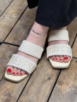 صندل دو بند کنفی ساده تخت مربع طلایی