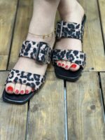 خرید صندل دو بند پلنگی تک سگک پاشنه pvc